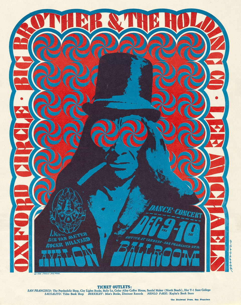 Midjourney prompt for poster art featuring Big Brother and the Holding Company, 1967, exploring psychedelic design and lithography techniques.