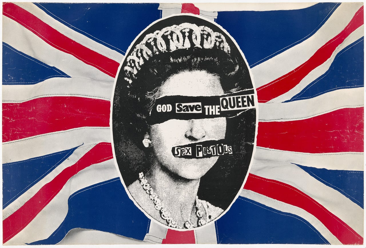Midjourney prompt for Sex Pistols poster art, God Save the Queen, exploring punk aesthetics, lithography, and prompt engineering techniques.