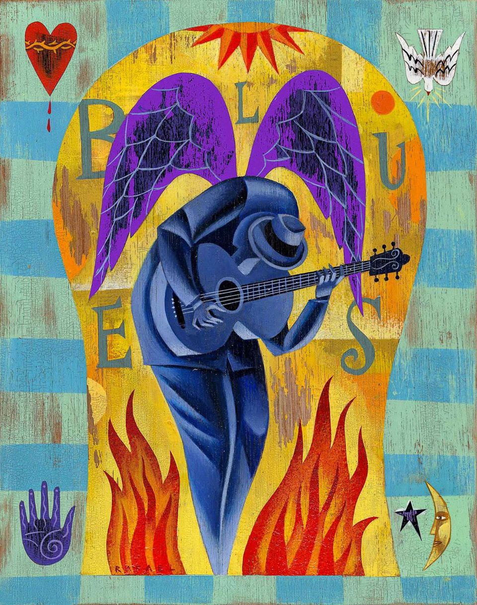 Blues Angel by Rafael López, showcasing Midjourney prompt techniques, poster art styles, and artistic movements.