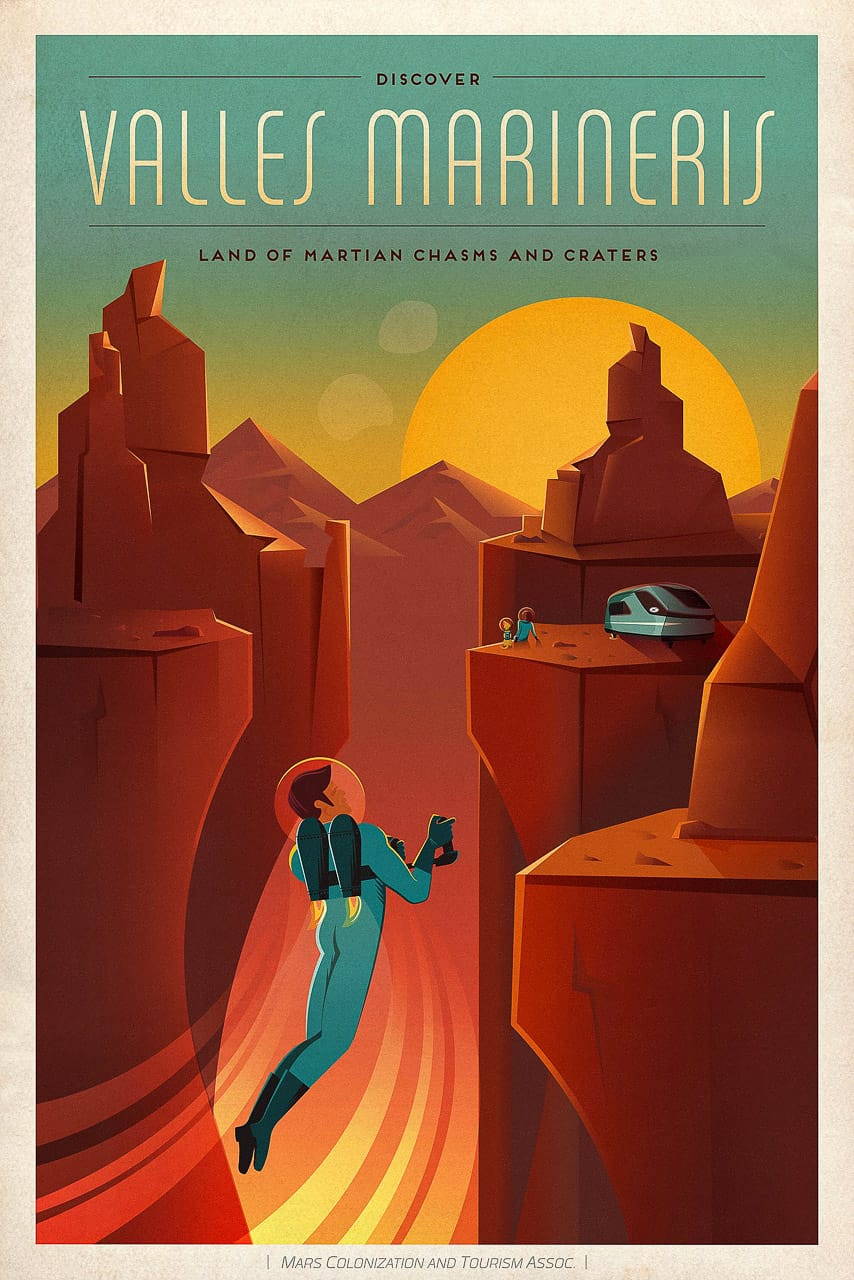 Midjourney prompt for poster art featuring Valles Marineris, Martian landscape, astronaut exploring chasms and craters.