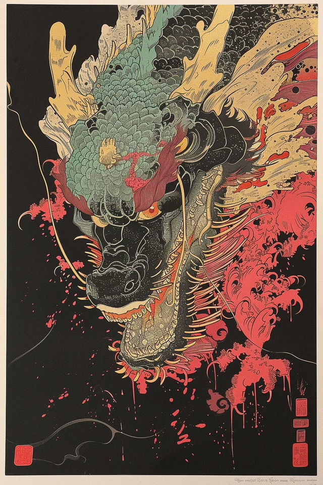 Midjourney prompt for woodblock print poster featuring dragon design, vibrant colors, intricate details, version 6.