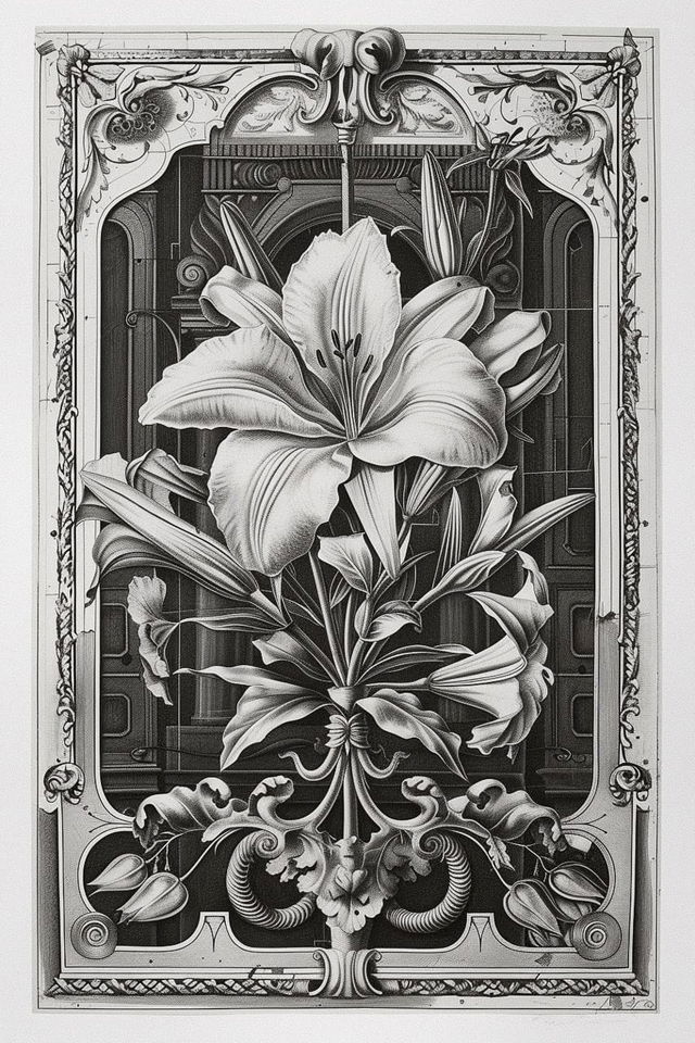 Midjourney prompt for copperplate engraving poster art, featuring floral design and intricate details, showcasing artistic techniques and styles.