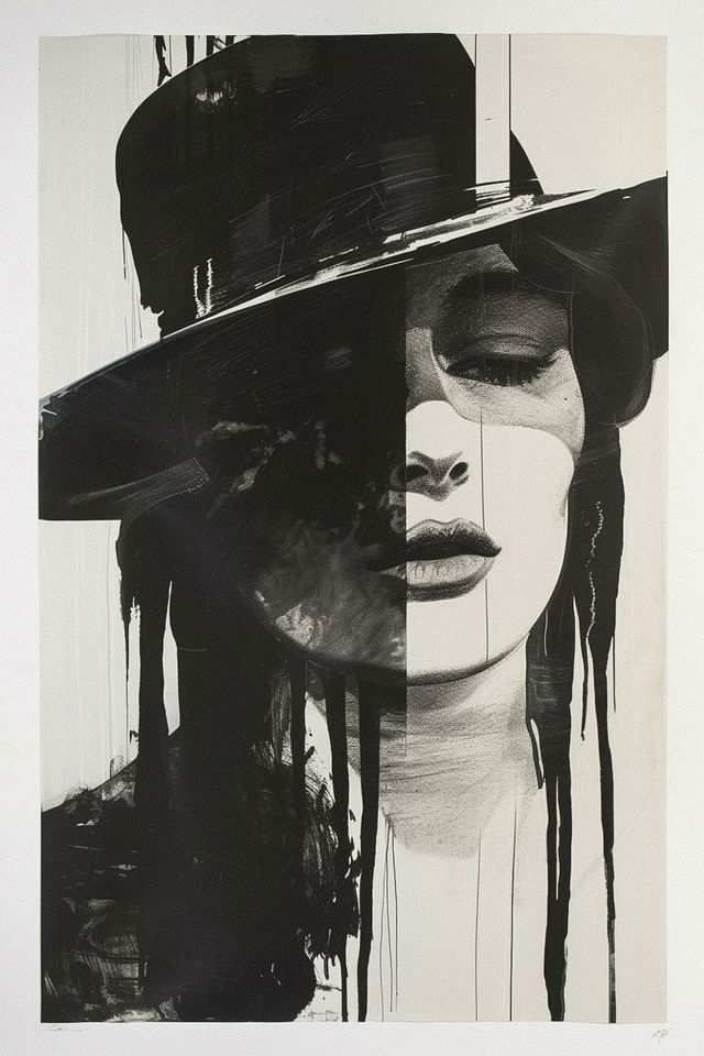 Midjourney prompt for aquatint print poster art, featuring abstract black and white portrait with hat, version 6.