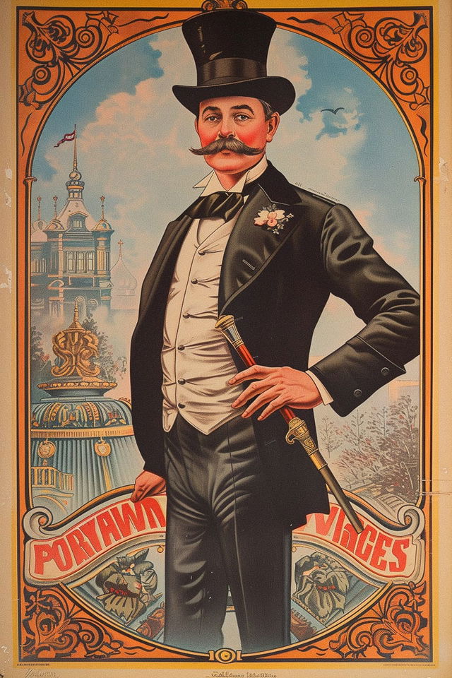 Midjourney prompt for chromolithographic poster art featuring elegant man in tuxedo, vintage style, intricate design, version 6, style raw.