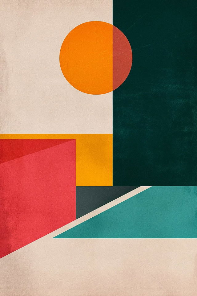 Midjourney prompt for lithographic poster art featuring geometric shapes and colors, version 6, style raw.