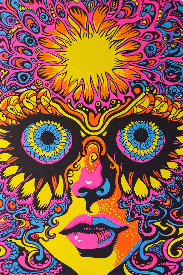 Midjourney prompt for 1960s Psychedelic poster art featuring vibrant colors and intricate designs.