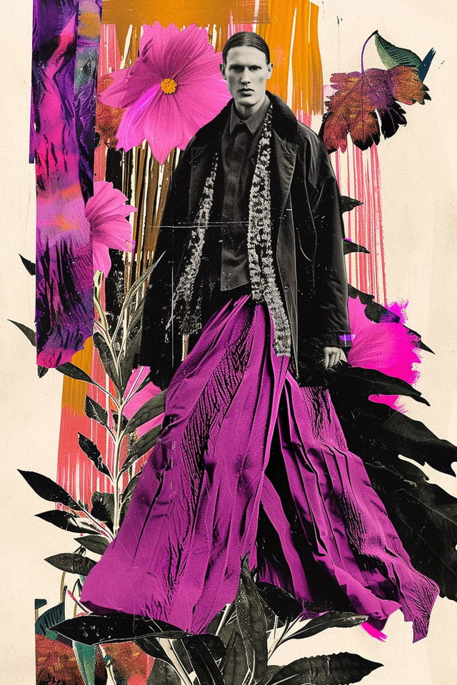 Midjourney prompt for fashion poster art featuring vibrant floral elements and striking colors, showcasing modern design techniques.