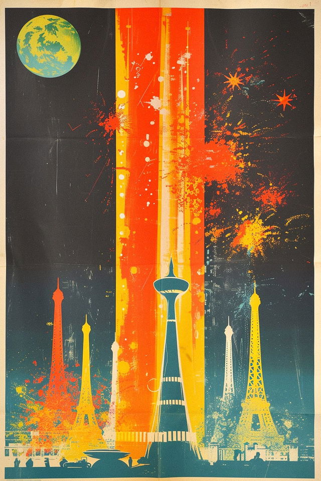 Midjourney prompt for chromolithographic poster art featuring iconic towers, vibrant colors, abstract design --v 6 --style raw.