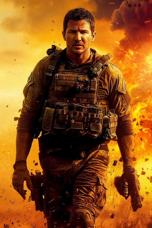 Midjourney prompt for movie poster art featuring soldier in action, explosion background, cinematic style, version 6.