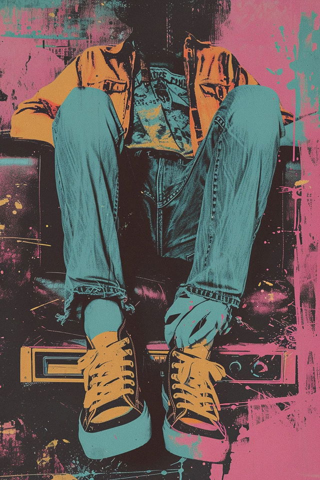 Midjourney prompt for 1990s Grunge style poster art, featuring vibrant colors and complex designs.