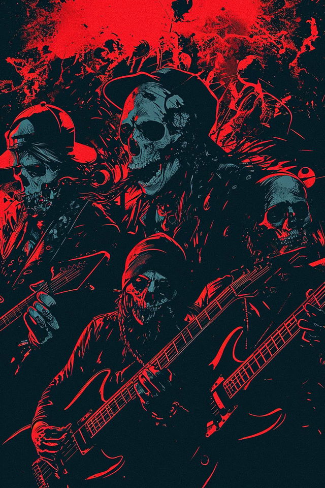 Midjourney prompt for death-metal band poster art featuring skulls, guitars, and dark aesthetics. Version 6 techniques and styles.