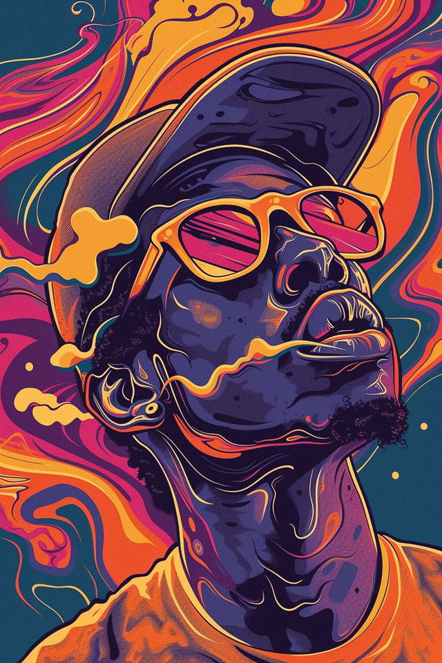 Midjourney prompt for vibrant hip-hop poster art featuring abstract colors and stylized portraiture.