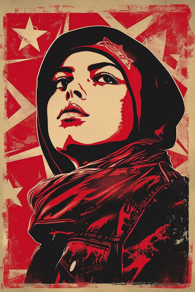 Midjourney prompt for poster art featuring bold red colors, iconic design, and political themes inspired by Shepard Fairey.