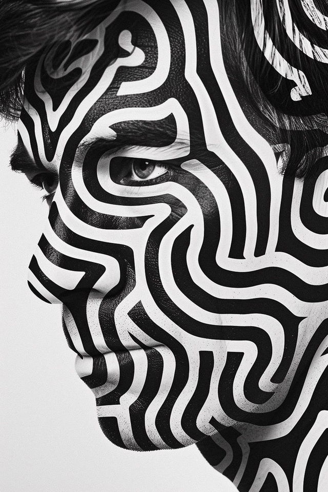 Midjourney prompt for poster art featuring intricate black and white face design, exploring complex patterns and artistic techniques.
