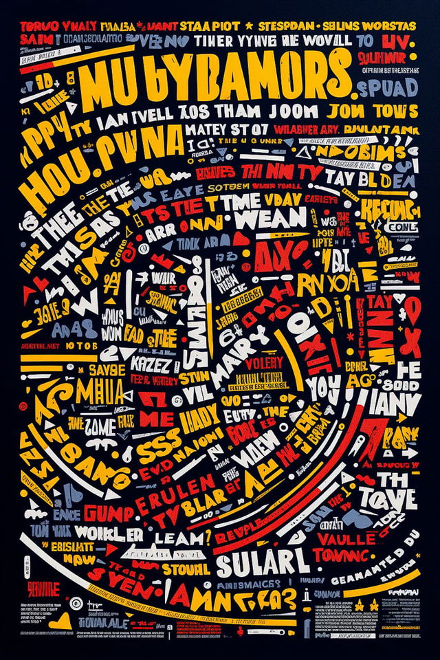 Midjourney prompt for poster art featuring typographic design elements, vibrant colors, and complex layouts inspired by iconic artists.