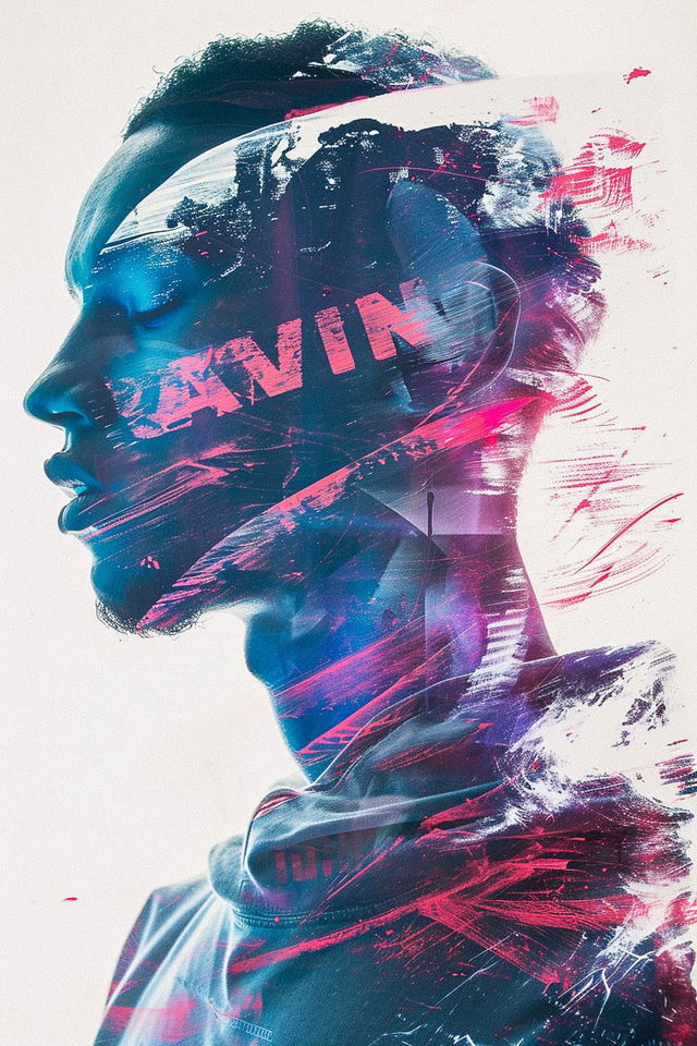 Midjourney prompt for double-exposure poster art featuring RAVIN, camera movement, vibrant colors, artistic techniques, version 6.