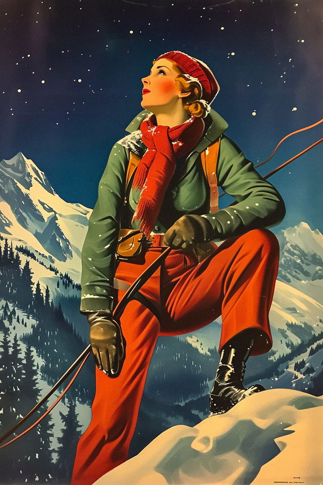 Midjourney prompt for 1930s vintage poster art featuring woman hiking in mountains, snow, and night sky --v 6.