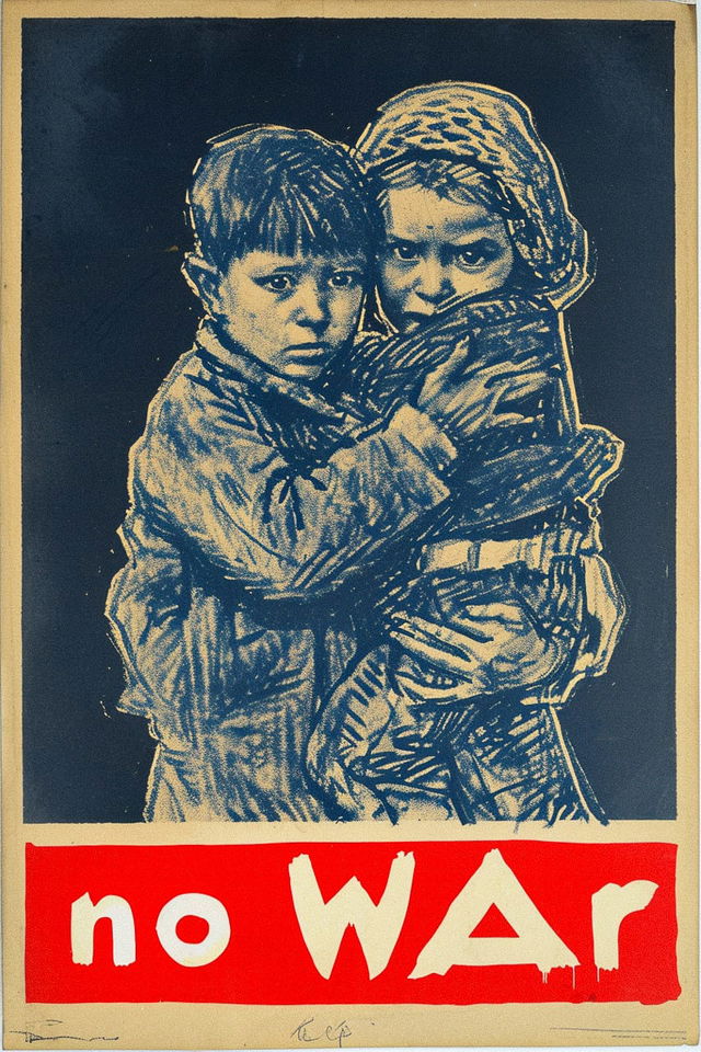 Midjourney prompt for anti-war poster art, featuring children, inspired by Kathe Kollwitz --v 6.