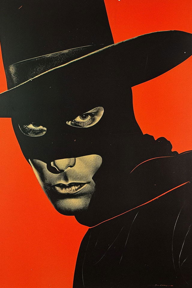 Masked Zorro portrait in the style of Taro Okamoto, graphic poster art in black, red, and gold, Midjourney V6
