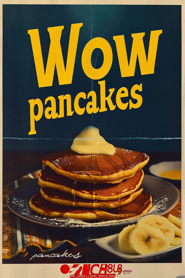Midjourney prompt for 1950s American poster art featuring pancakes with text 'Wow pancakes' --v 6.