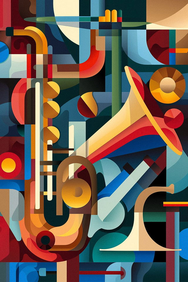 Midjourney prompt for jazz concert poster art in Constructivist style, featuring abstract musical instruments and vibrant colors.