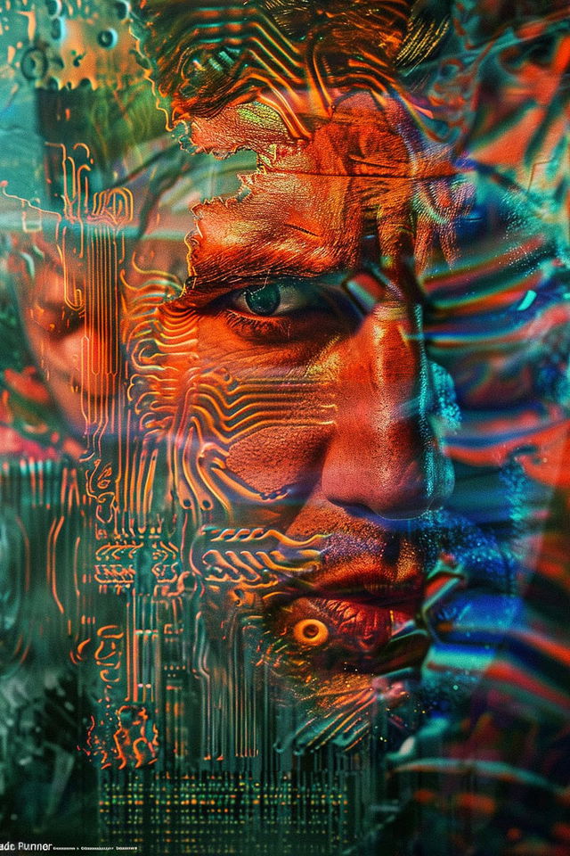 Midjourney prompt for Blade Runner poster art, featuring complex designs and digital technology elements.