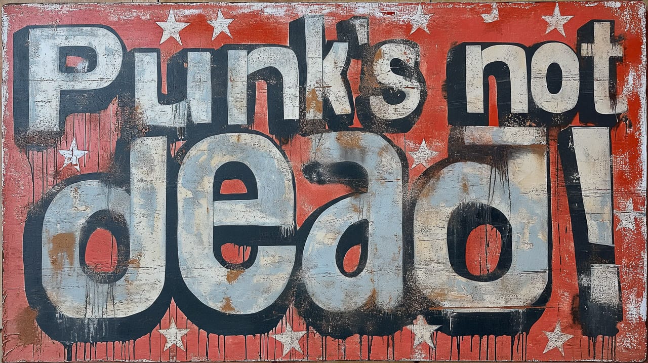Punk's Not Dead poster art featuring bold typography and a distressed background, showcasing Midjourney prompt design elements.