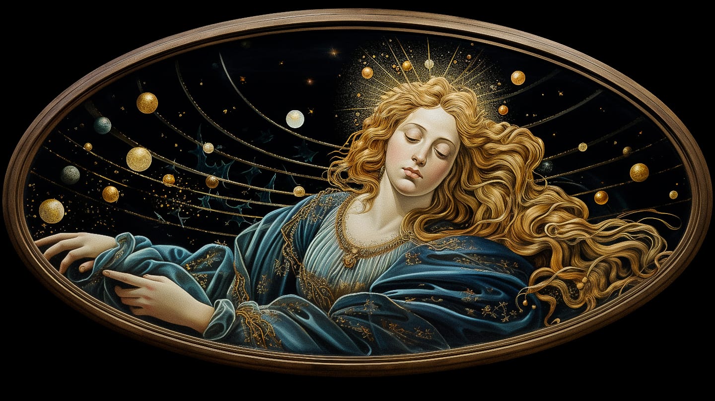 Madonna in outer space by Sandro Botticelli, Midjourney prompt showcasing Renaissance style with cosmic elements.