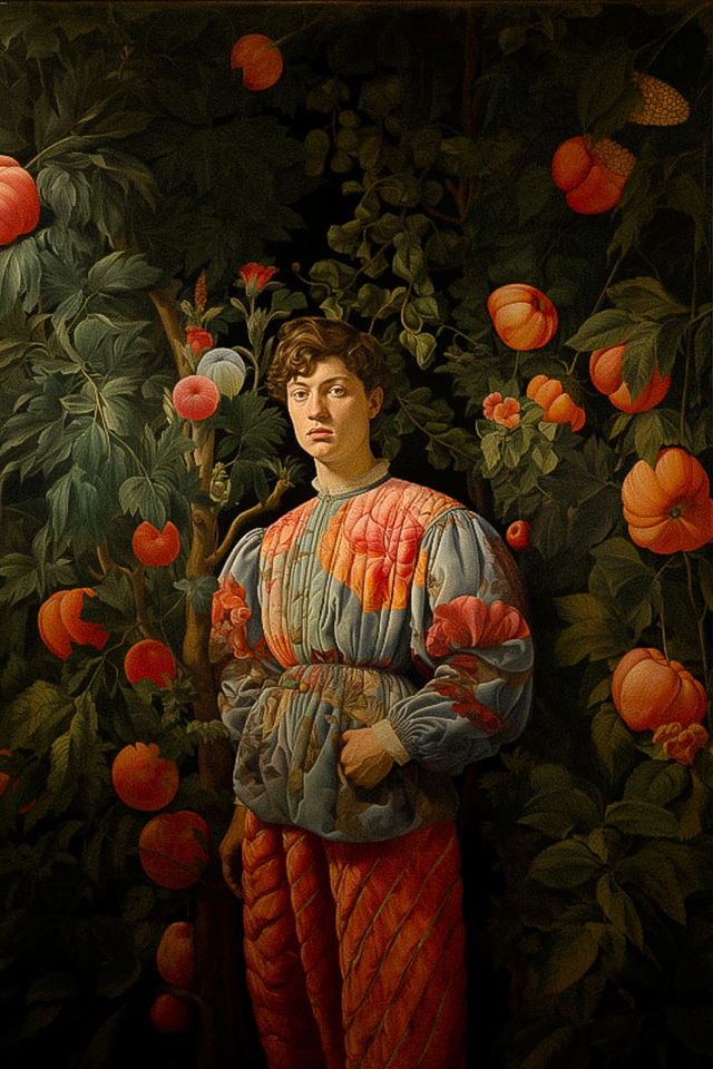 Midjourney prompt capturing Sandro Botticelli's style, featuring figure among fruit-laden foliage, blending Renaissance aesthetics with modern interpretation.