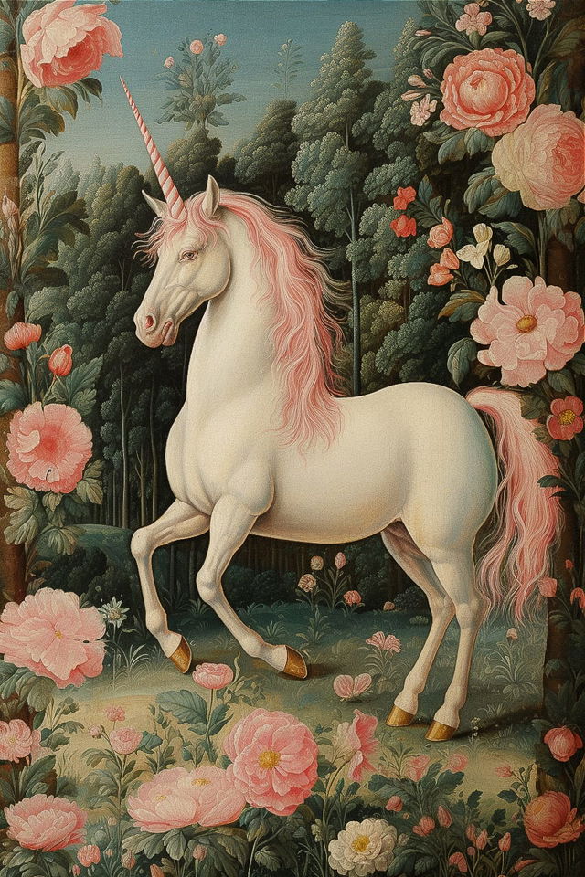 Unicorn in floral setting, inspired by Sandro Botticelli, generated using Midjourney prompt techniques, showcasing Renaissance art style.