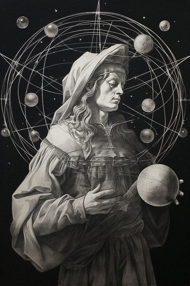 Sandro Botticelli-inspired sketch of astronomy, showcasing Midjourney prompt techniques for text-to-image generation, blending Renaissance aesthetics with modern themes.