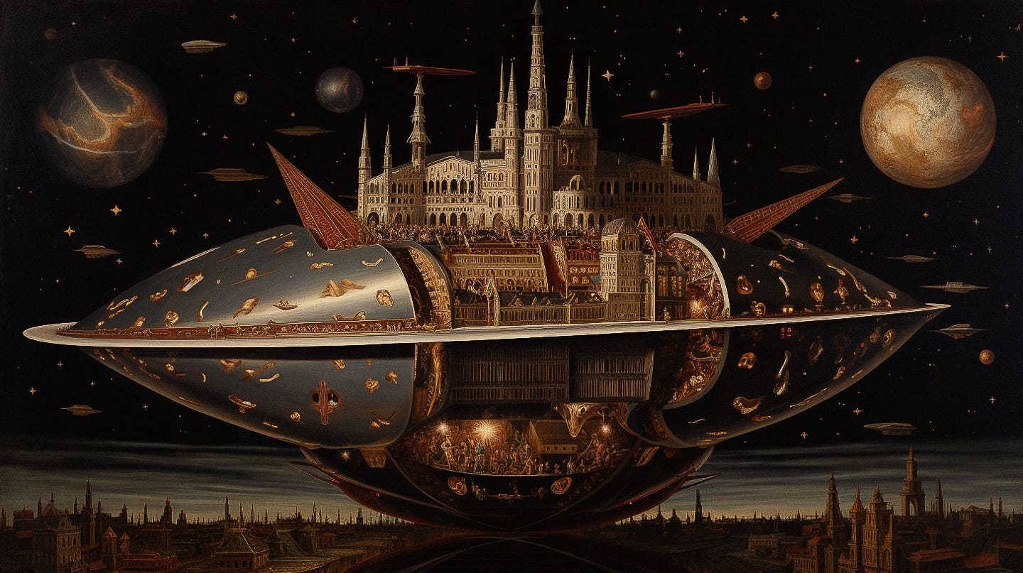 Midjourney prompt showcasing spaceship inspired by Sandro Botticelli, blending Renaissance aesthetics with futuristic elements, version 5.2.