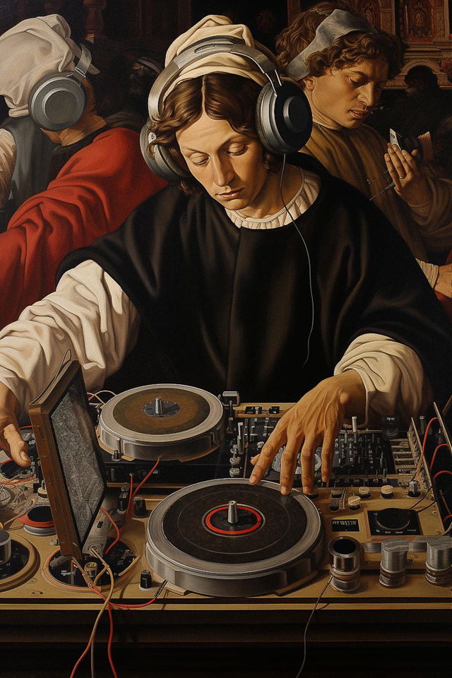 Midjourney prompt showcasing DJ set session in Sandro Botticelli's style, blending Renaissance aesthetics with modern art techniques.