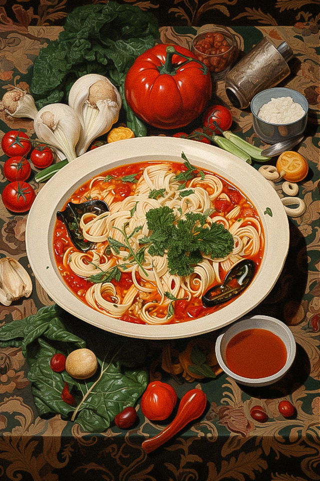Midjourney prompt depicting Sandro Botticelli-inspired pasta dish with vegetables, showcasing AI art generation techniques and artistic blending.