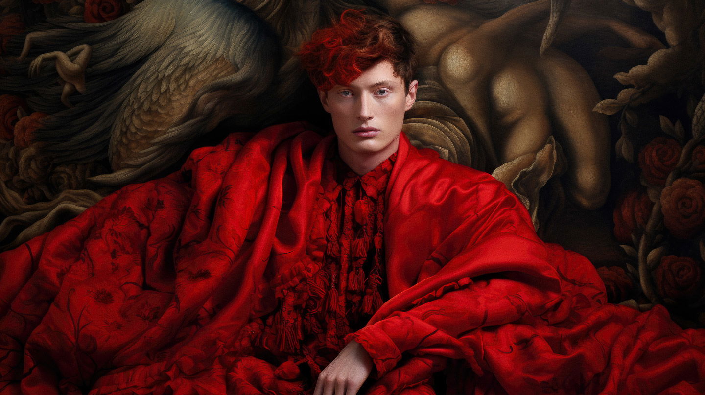 Midjourney prompt depicting Sandro Botticelli's style with modern elements, featuring a figure in red drapery against a dark, allegorical background.