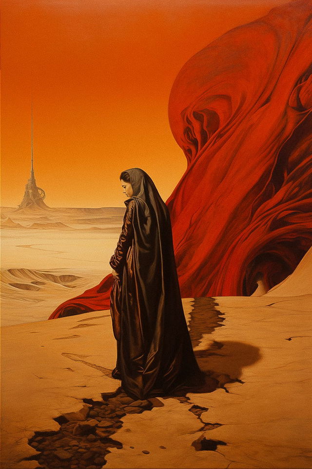 Midjourney prompt depicting Sandro Botticelli's style in Dune scene, blending Renaissance aesthetics with sci-fi elements.