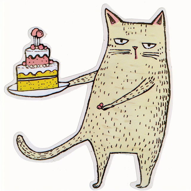 Sticker of cat holding cake, created with Midjourney prompt inspired by Marc Johns style.
