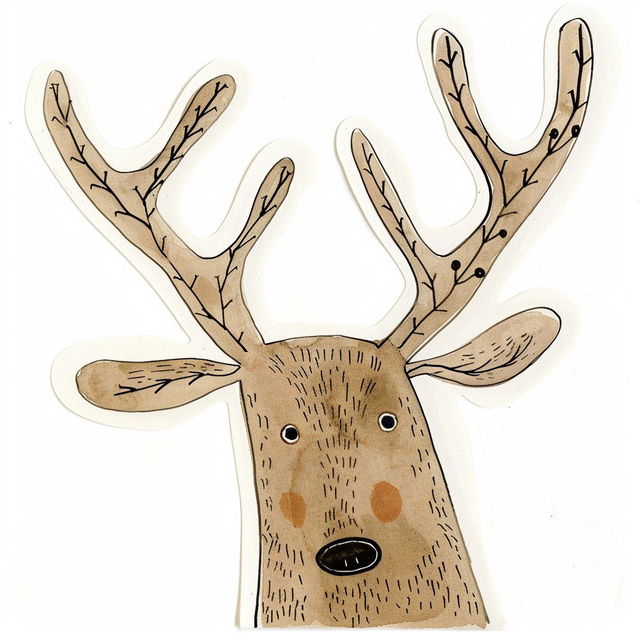 Sticker of reindeer head by Marc Johns, whimsical style, Midjourney prompt engineering, solid background --v 6.0.