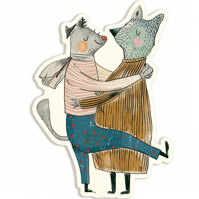 Two anthropomorphic animals hugging as a whimsical cut sticker, with muted colors and clean lines, Midjourney V6.1