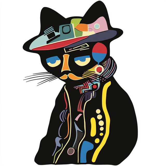 Cat wearing an intricate hat and coat, flat colorful cut-sticker art in the style of Michael DeForge, Midjourney V6.1