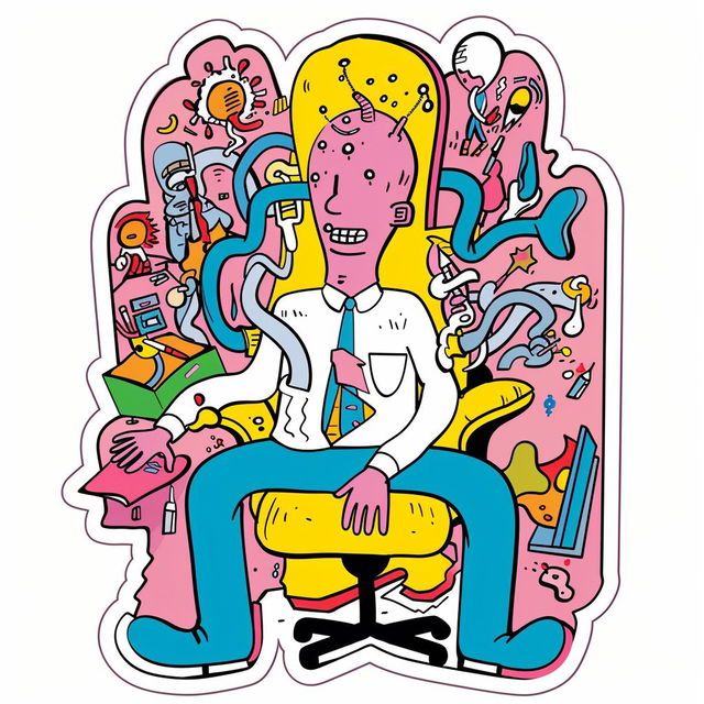 Office worker surrounded by surreal coworkers, Midjourney V6.0