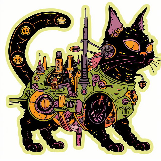 Post-apocalyptic cat sticker in Michael DeForge's style, bold neon palette, white border, Midjourney V6.1