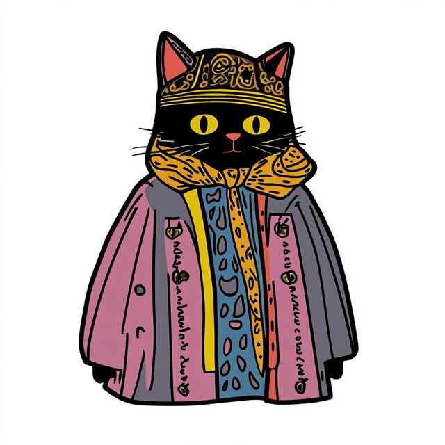 Cat wearing ornate hat and coat, cut-sticker illustration in bold colors with thick black outlines, Midjourney V6.1