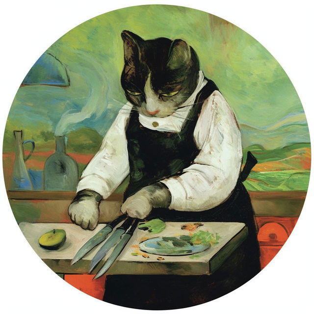 Cat cooking dinner in an apron, impasto sticker with vivid colors and distorted landscape, Midjourney Niji 6
