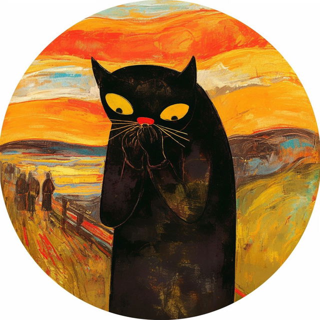 Contemplative distorted cat sticker in a coat, with impasto and vivid red, yellow, and blue strokes, Midjourney Niji 6