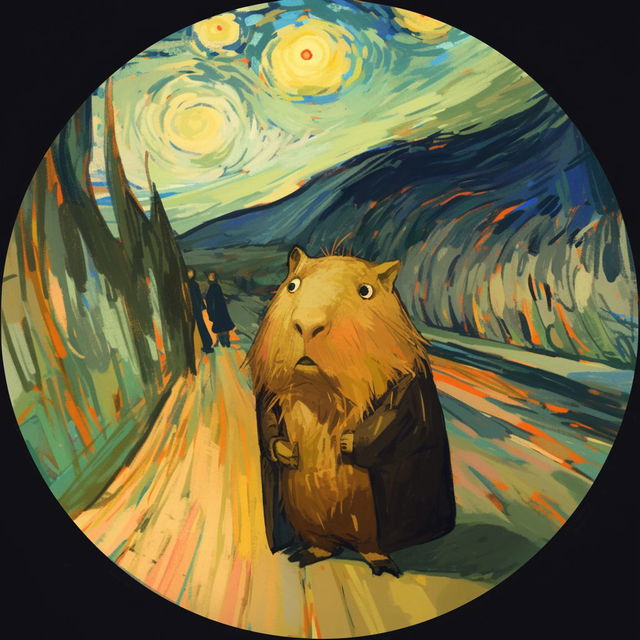 Round sticker featuring capybara in coat, Edvard Munch style, expressive brushstrokes, vivid colors, Midjourney prompt engineering.