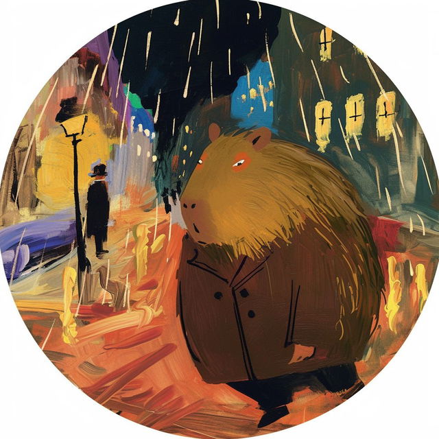 Round cut sticker featuring capybara in coat walking street, vivid colors, Edvard Munch style, Midjourney prompt engineering techniques.