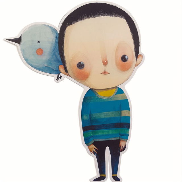 Fictional childlike figure with a blue bird, die-cut sticker in the style of Liu Ye, Midjourney V6
