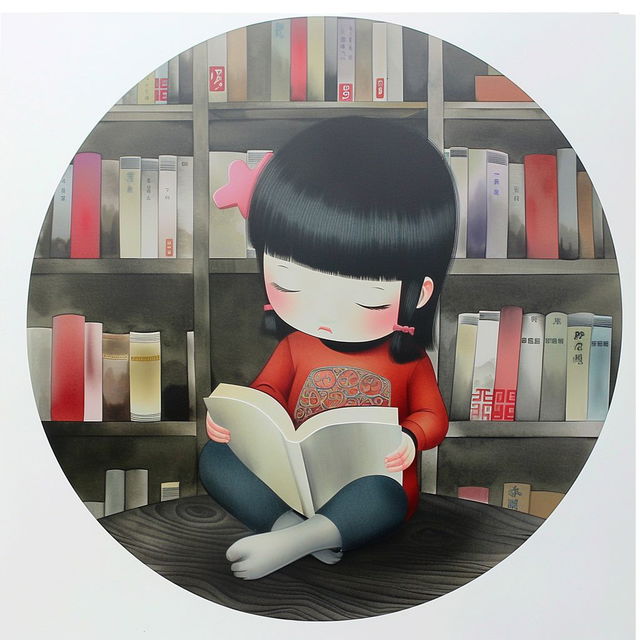 Sticker design featuring girl reading in library, inspired by Liu Ye style, using Midjourney prompt techniques for sticker creation.