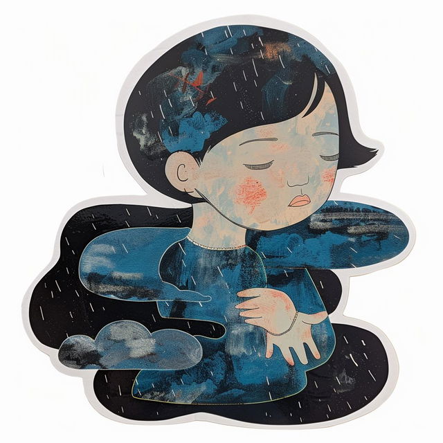 Fictional girl with clouds and rain, die-cut sticker in blue-black textured illustration style, Midjourney V6
